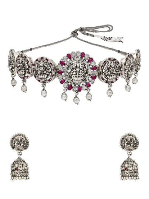 Temple Choker Necklace Set in Oxidised Silver finish - RNK112