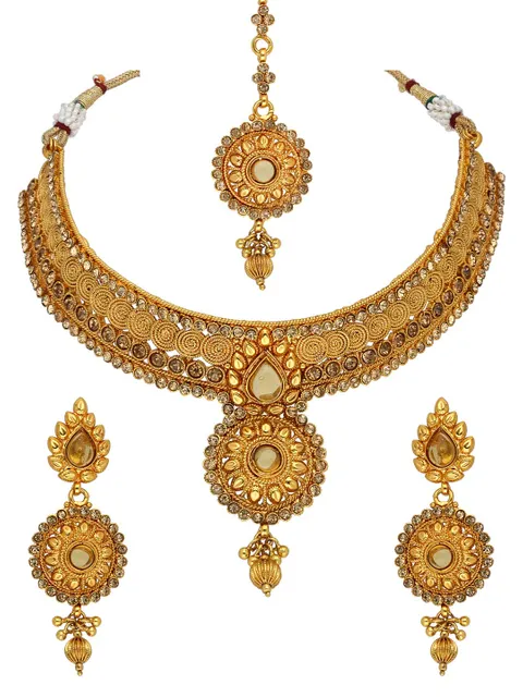 Reverse AD Necklace Set with Maang Tikka in Gold finish - AMN604