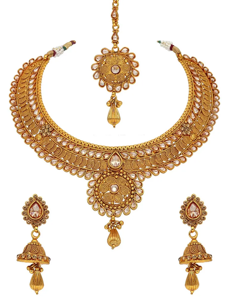 Reverse AD Necklace Set with Maang Tikka in Gold finish - AMN608