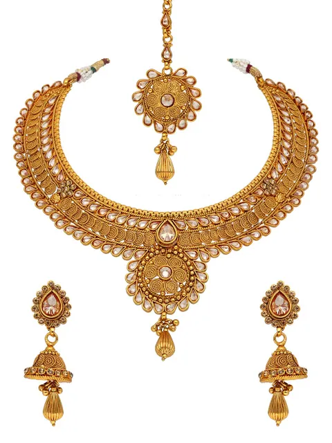 Reverse AD Necklace Set with Maang Tikka in Gold finish - AMN608