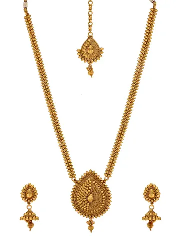 Antique Long Necklace Set with Maang Tikka in Gold finish - AMN630