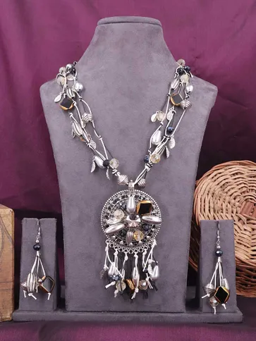 Long Necklace Set in Oxidised Silver finish - 602