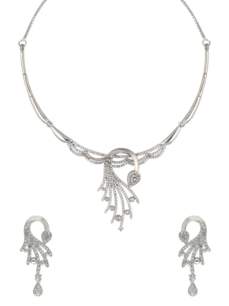 AD / CZ Necklace Set with Removable Pendant in Rhodium finish - SKH432