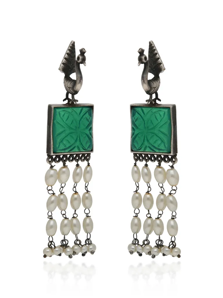 Oxidised Long Earrings in Green color - CNB31528