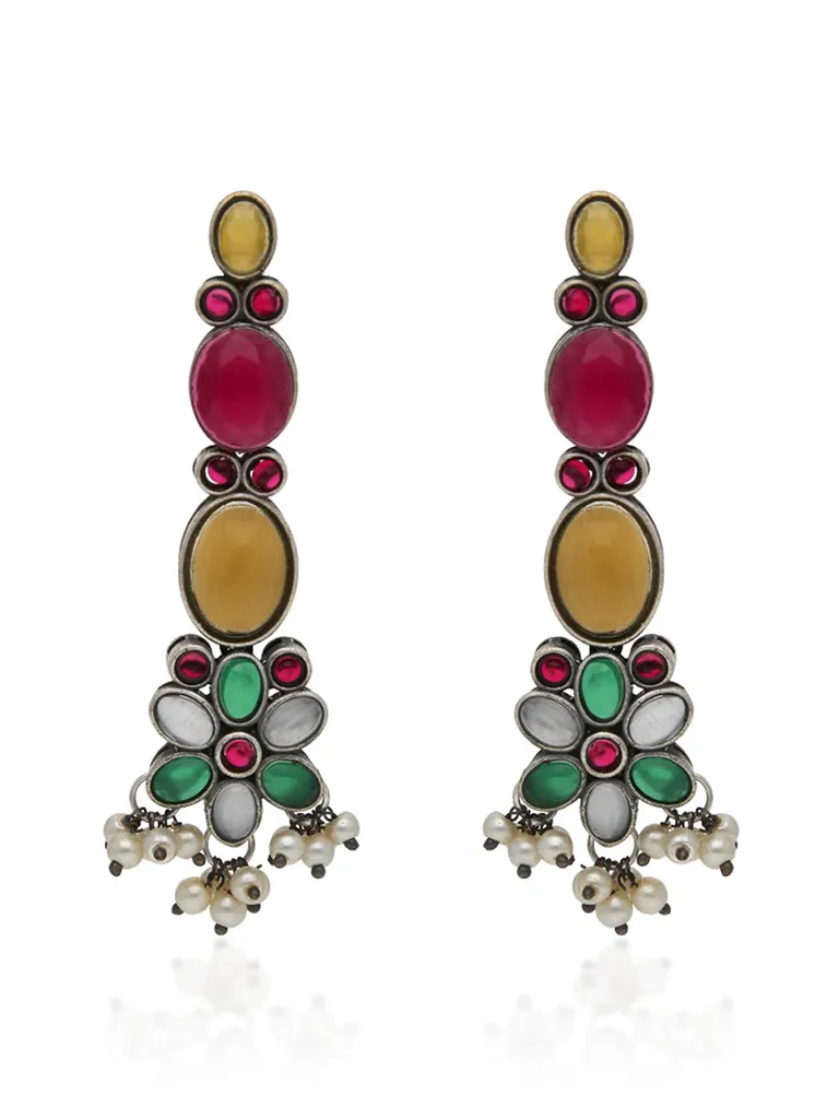Oxidised Long Earrings in Ruby & Green color - CNB31534
