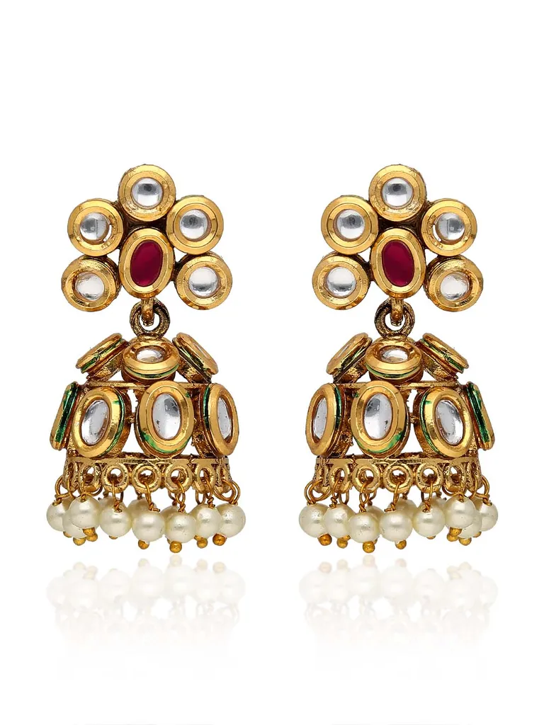 Kundan Jhumka Earrings in Ruby color and Gold finish - KRT220