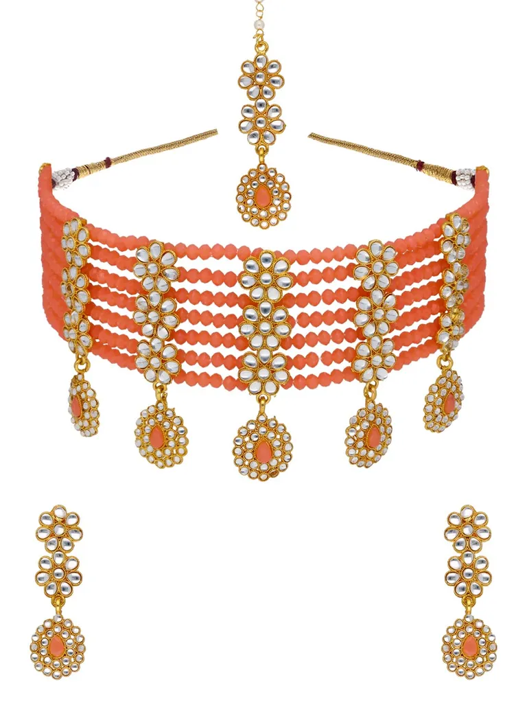 Kundan Choker Necklace Set in Peach color - PSR122