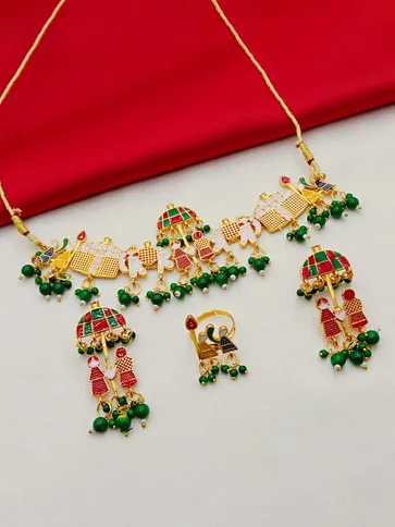 Meenakari Choker Necklace Set with Finger Ring in Gold finish - PSR142