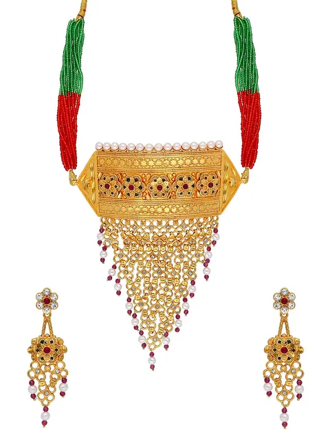 Rajwadi Choker Necklace Set in Gold finish - PSR151