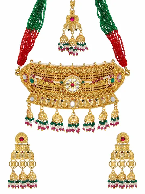 Rajwadi Choker Necklace Set in Gold finish - PSR152