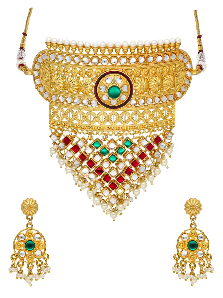 Rajwadi Choker Necklace Set in Gold finish - PSR154