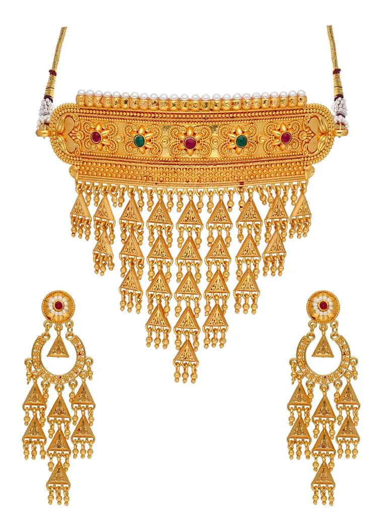 Rajwadi Choker Necklace Set in Gold finish - PSR155