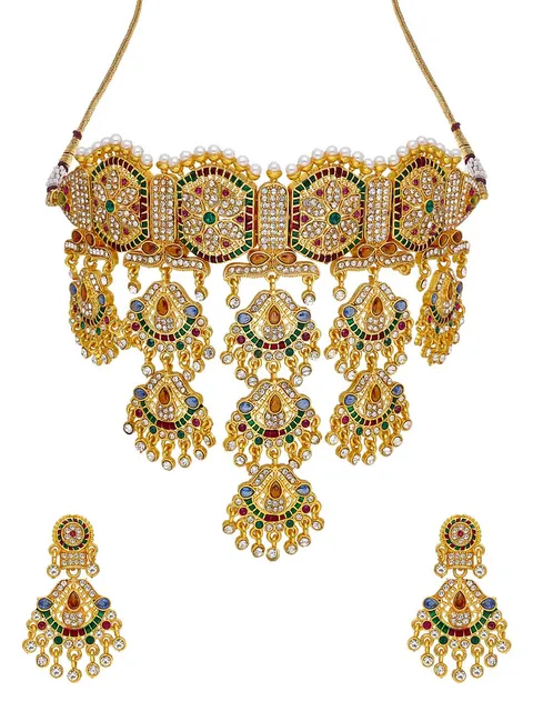 Rajwadi Choker Necklace Set in Gold finish - PSR158
