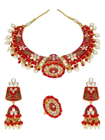 Meenakari Rajwadi Necklace Set with Finger Ring inGold finish - PSR305
