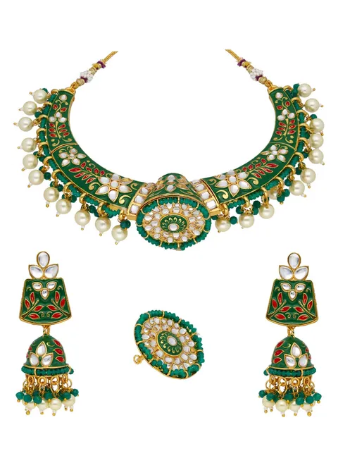 Meenakari Rajwadi Necklace Set with Finger Ring in Gold finish - PSR306
