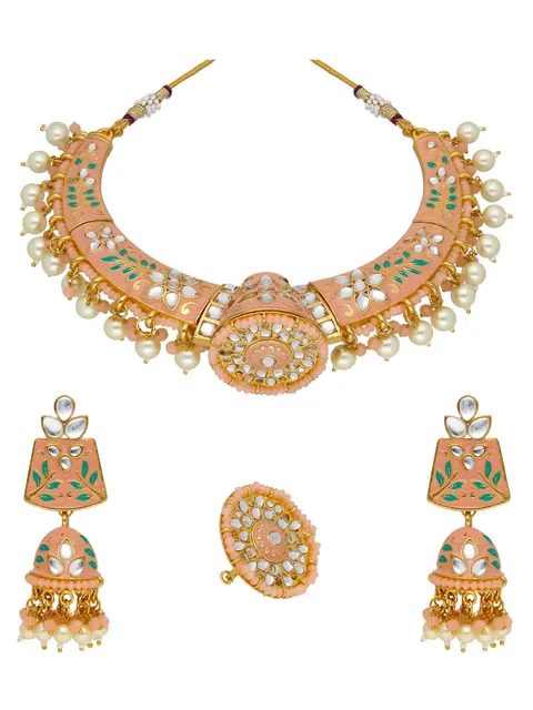 Meenakari Rajwadi Necklace Set with Finger Ring in Gold finish - PSR308