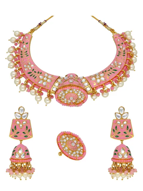 Meenakari Rajwadi Necklace Set with Finger Ring in Gold finish - PSR309