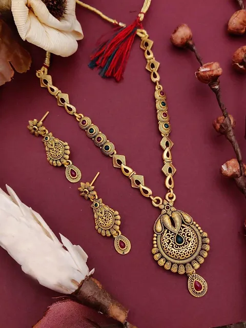 Antique Long Necklace Set in Gold finish - NCK195