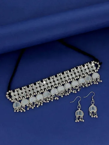 Mirror Choker Necklace Set in Oxidised Silver finish - YGI49