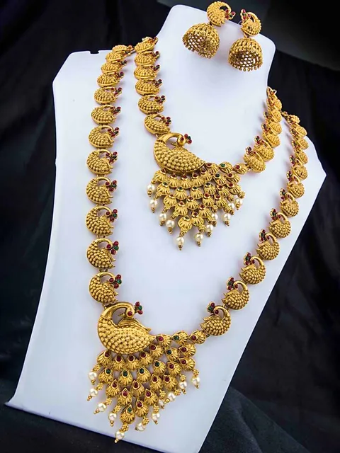 Peacock Short Necklace with Long set in Gold finish - NCK216