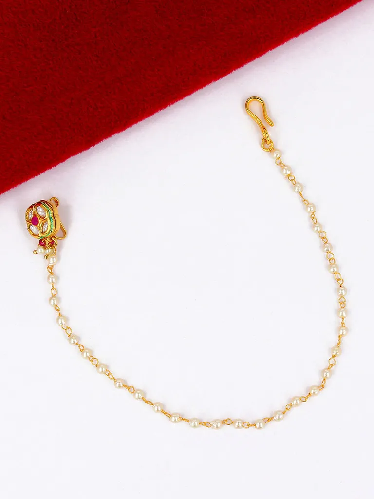 Kundan Nose Ring with Chain in Gold finish - CNB2278