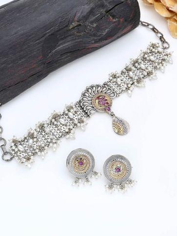 Oxidised Choker Necklace Set in Two Tone finish - THF2096