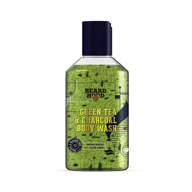 Beardhood Green Tea & Charcoal Body Wash For Men with Activated Charcoal Beads and Neem Leaves, 200ml
