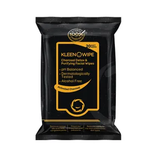 KleenOWipe Activated Charcoal Detox & Ultra Purifying Face Care Wipes For Women - 20 Pc Alcohol Free pH Balanced Soft Wipes