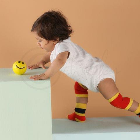 Anti Skid Infant Cotton Socks + Knee Pad + Bandana Drooling Bib (Red & Yellow) (0-2 Years)