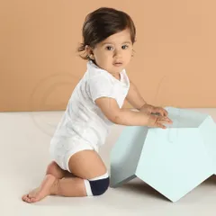 Anti Skid Infant Cotton Socks + Knee Pad + Bandana Drooling Bib (Navy & White) (0-2 Years)
