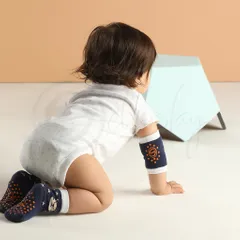 Anti Skid Infant Cotton Socks + Knee Pad + Bandana Drooling Bib (Navy & White) (0-2 Years)