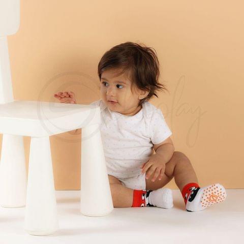 Anti Skid Infant Cotton Socks + Knee Pad + Bandana Drooling Bib (Red & White) (0- 2 Years)