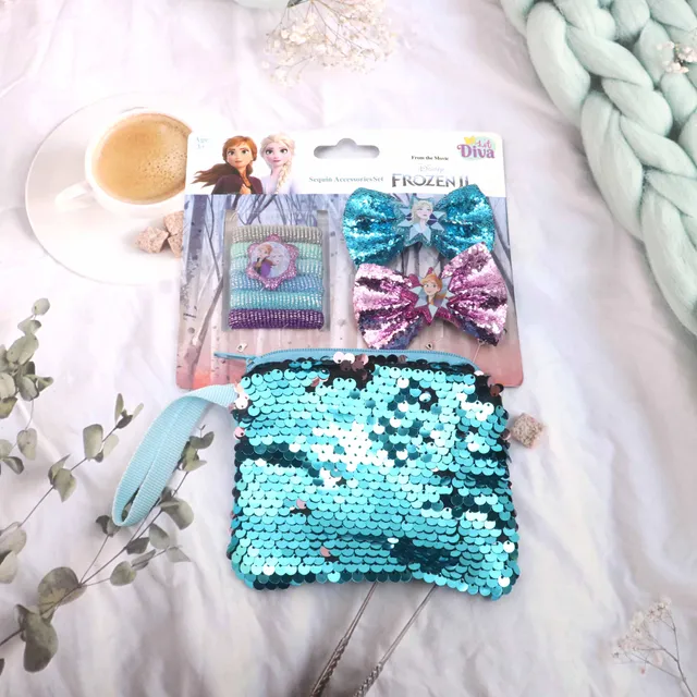 Lil Diva Disney Frozen II Sequin Hair Accessories Pack of 8, 2 Bows, 6 Rubber Bands And A Sequin Pouch