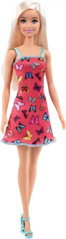 Barbie Doll With Pink Butterfly And Barbie Logo Print Dress & Strappy Heels