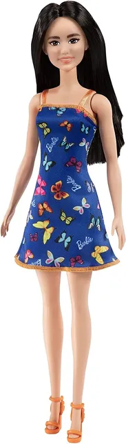 Barbie Doll With Blue Butterfly And Barbie Logo Print Dress & Strappy Heels