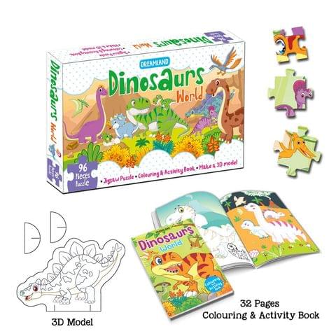 Dreamland Publications - Dinosaurs World Jigsaw Puzzle for Kids 96 Pcs With Colouring & Activity Book and 3D Model