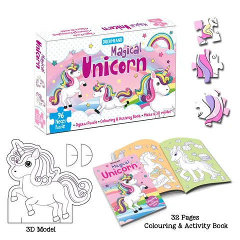 Dreamland Publications - Magical Unicorn Jigsaw Puzzle for Kids 96 Pcs With Colouring & Activity Book and 3D Model