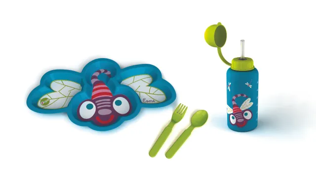 Easy-Weaning Set Dragonfly - Plate & Straw Bottle & Spoon & Fork