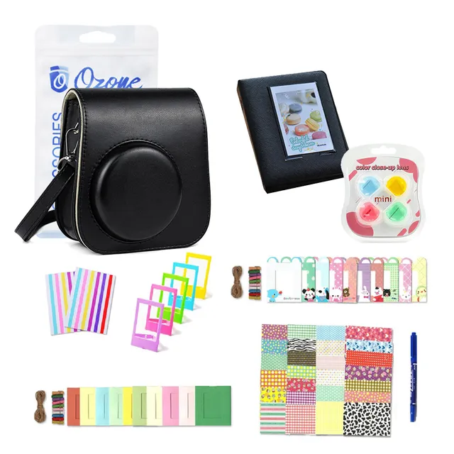 O Ozone Fujifilm Accessories Set, Instax Mini 11 Case PU Leather with Strap, Frames, Wall Decor, Border & Camera Stickers, Card Mark Pen, Mini 11 Lens Filter, 64 Pockets Album - Black