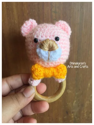 Pink Teddy Bear Crochet Baby  Ring Rattle
