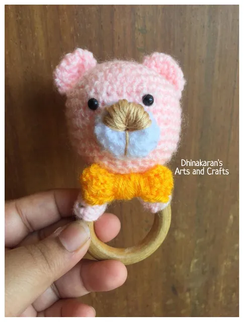 Pink Teddy Bear Crochet Baby  Ring Rattle
