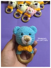 Blue Teddy Bear Crochet Baby Ring Rattle