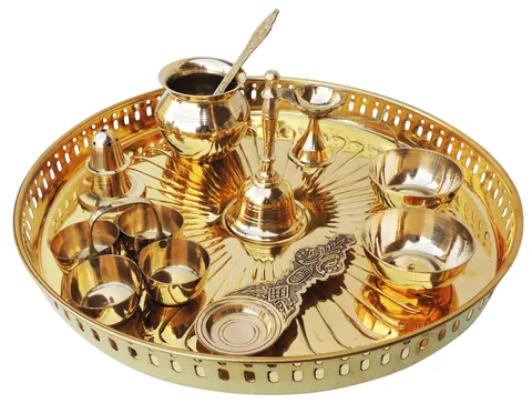 Brass Puja Thali Set With Multiple Items - 13.2*13.2*1.6 inch (Z476 F)