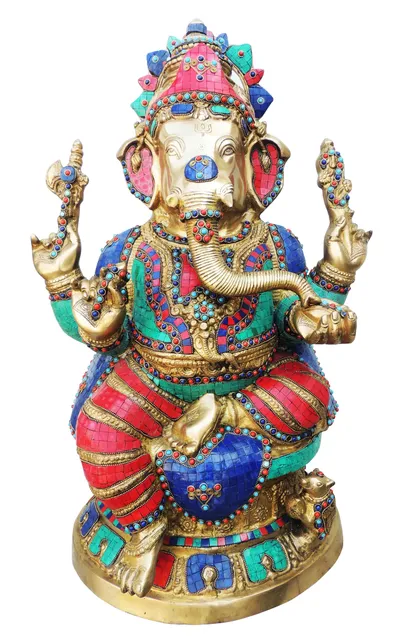 Brass Showpiece Ganesh Ji Big Stone God Idol Statue - 17.5*10.5*27.2 inch (BS609)