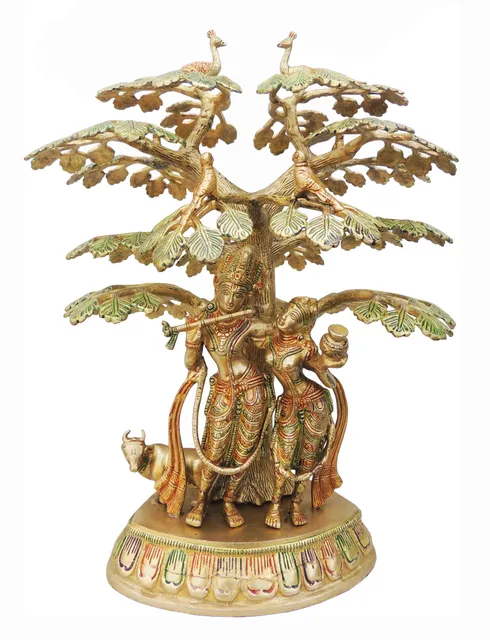 Brass Showpiece Tree Radha krishna with cow God Idol Statue  - 15.5*12.5*19.4 inch (BS828 C)
