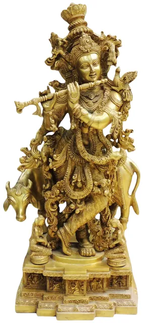 Brass Showpiece Cow With krishna God Idol Statue  - 14*11.5*28 inch (BS300)