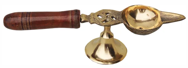 Brass Table Decor Oil Lamp Deepak With Wooden Handle  (MOQ- 6 Pcs.) - 7.5*1.8*1.8 inch (F363 D)