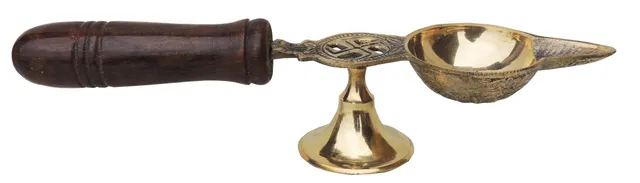 Brass Table Decor Oil Lamp Deepak With Wooden Handle  (MOQ- 6 Pcs.) - 2*9.5*2 inch (F363 E)