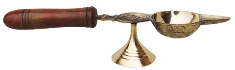 Brass Table Decor Oil Lamp Deepak With Wooden Handle  (MOQ- 6 Pcs.) - 10.5*2.4*2.2 inch (F363 F)
