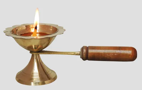 Brass Table Decor Oil Lamp Deepak With Wooden Handle  (MOQ- 10 Pcs.) - 6*2.8*2.3 inch (F627 C)